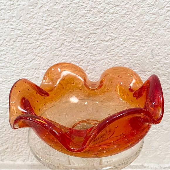 Murano Style Art Glass Controlled Bubble Bullicante Orange Ruffled Candy Dish - Picture 2 of 13